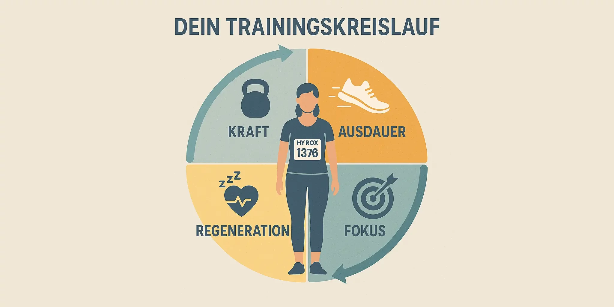 Kreisgrafik zeigt vier Trainingsprinzipien für HYROX: Kraft, Ausdauer, Regeneration und Fokus. In der Mitte eine Figur mit Startnummer – symbolisiert ganzheitliches Training.