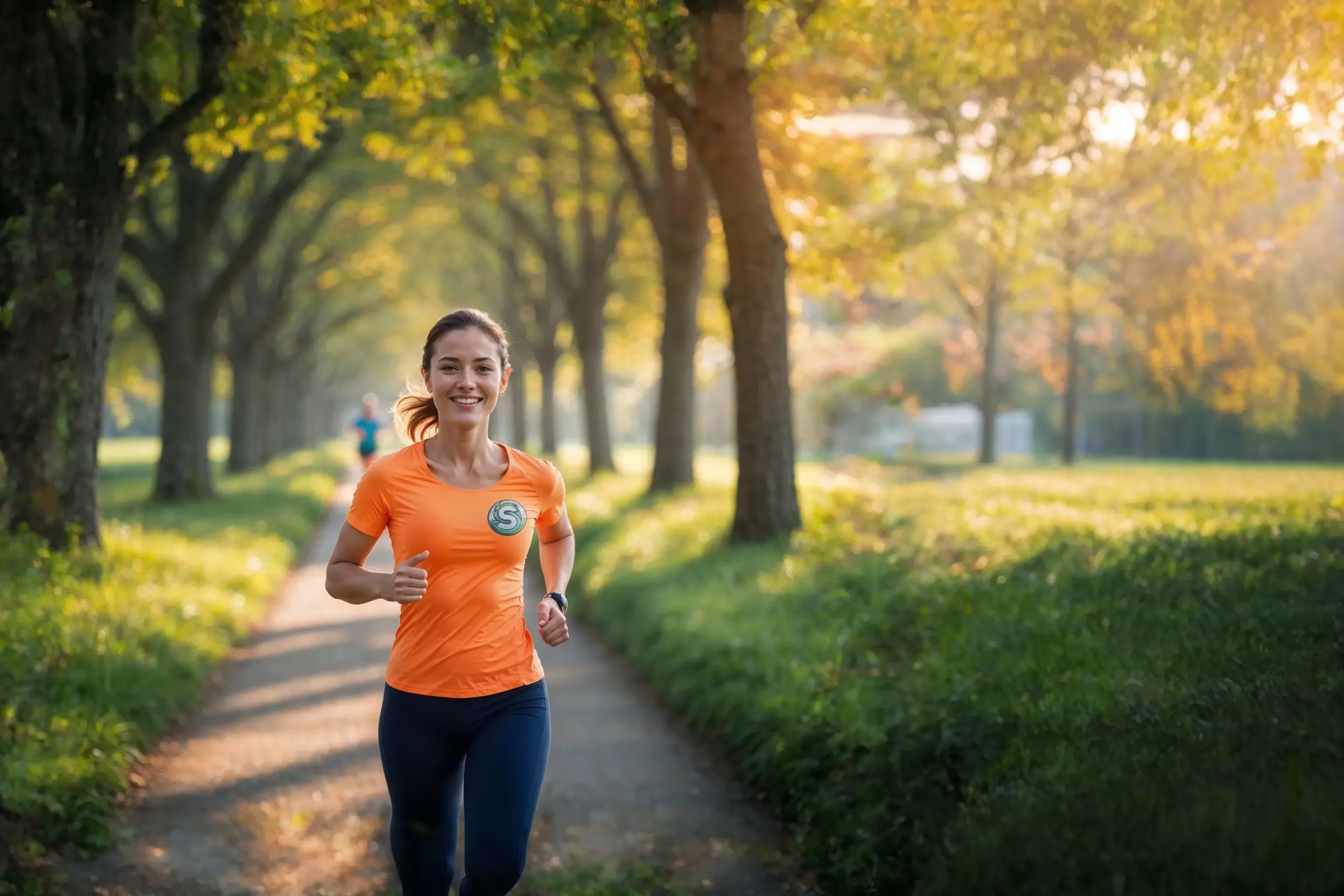 Junge Frau in orangem Laufshirt mit „S“-Logo joggt auf einem baumbestandenen Weg in spätsommerlicher Umgebung. Die Szene wirkt freundlich, motivierend und alltagstauglich – aufgenommen in der Buchhorst bei Braunschweig.