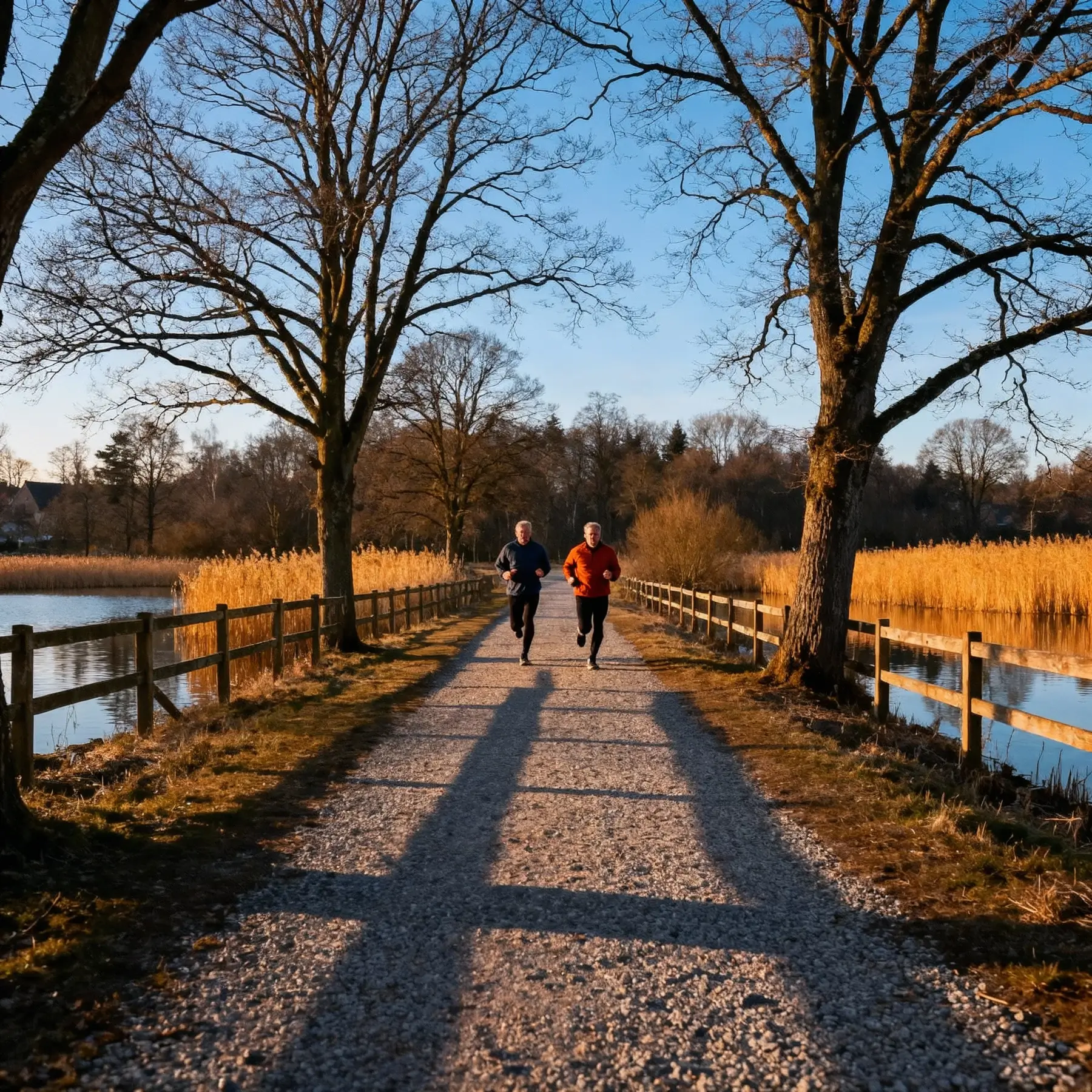 Zwei Läufer joggen auf einem Naturweg zwischen Bäumen und Seeufer in Braunschweig – klare Morgenluft und goldene Sonnenstrahlen.