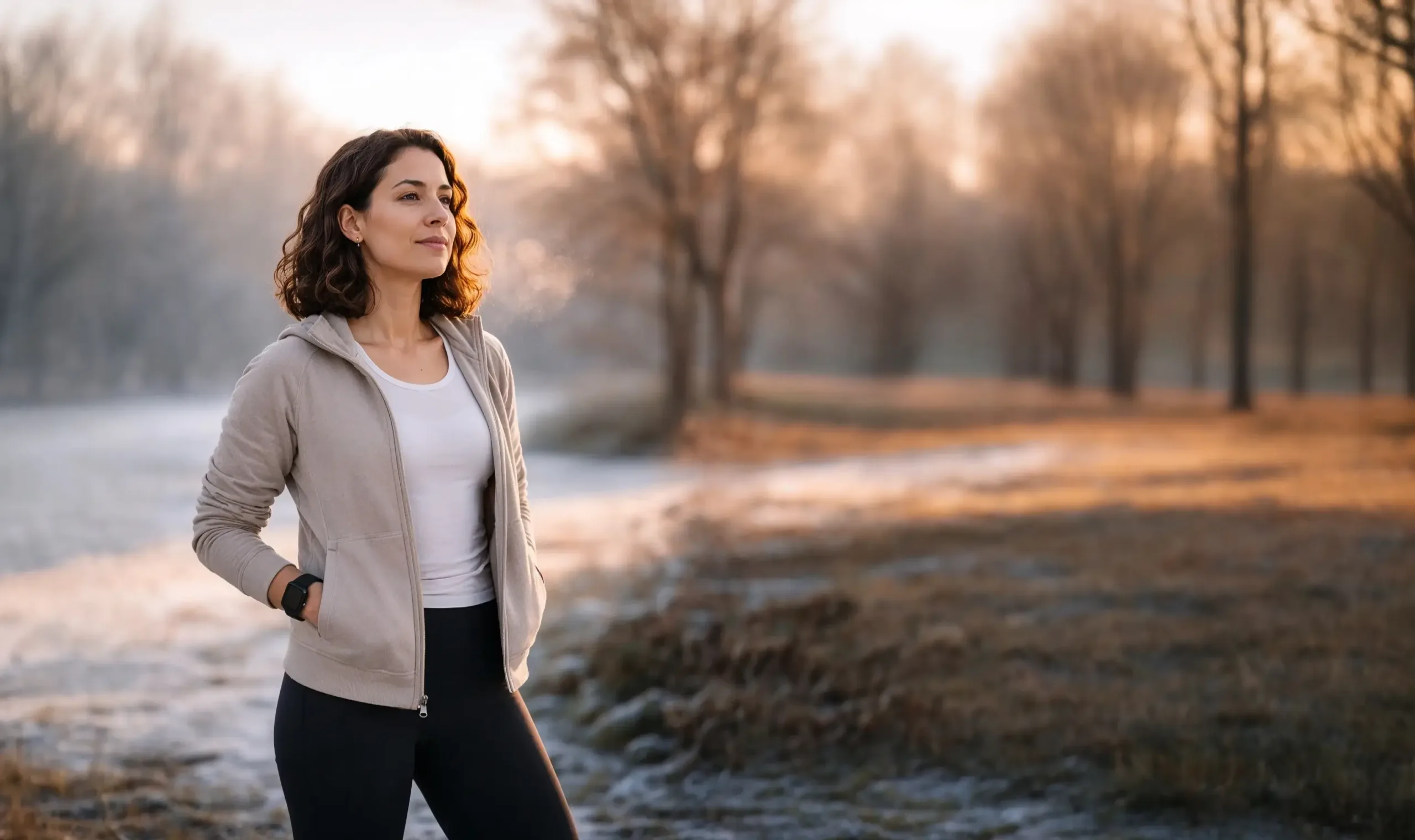 Frau steht ruhig in kalter Winterluft und atmet bewusst ein – Kälte als Trainingsreiz für mentale Stärke.