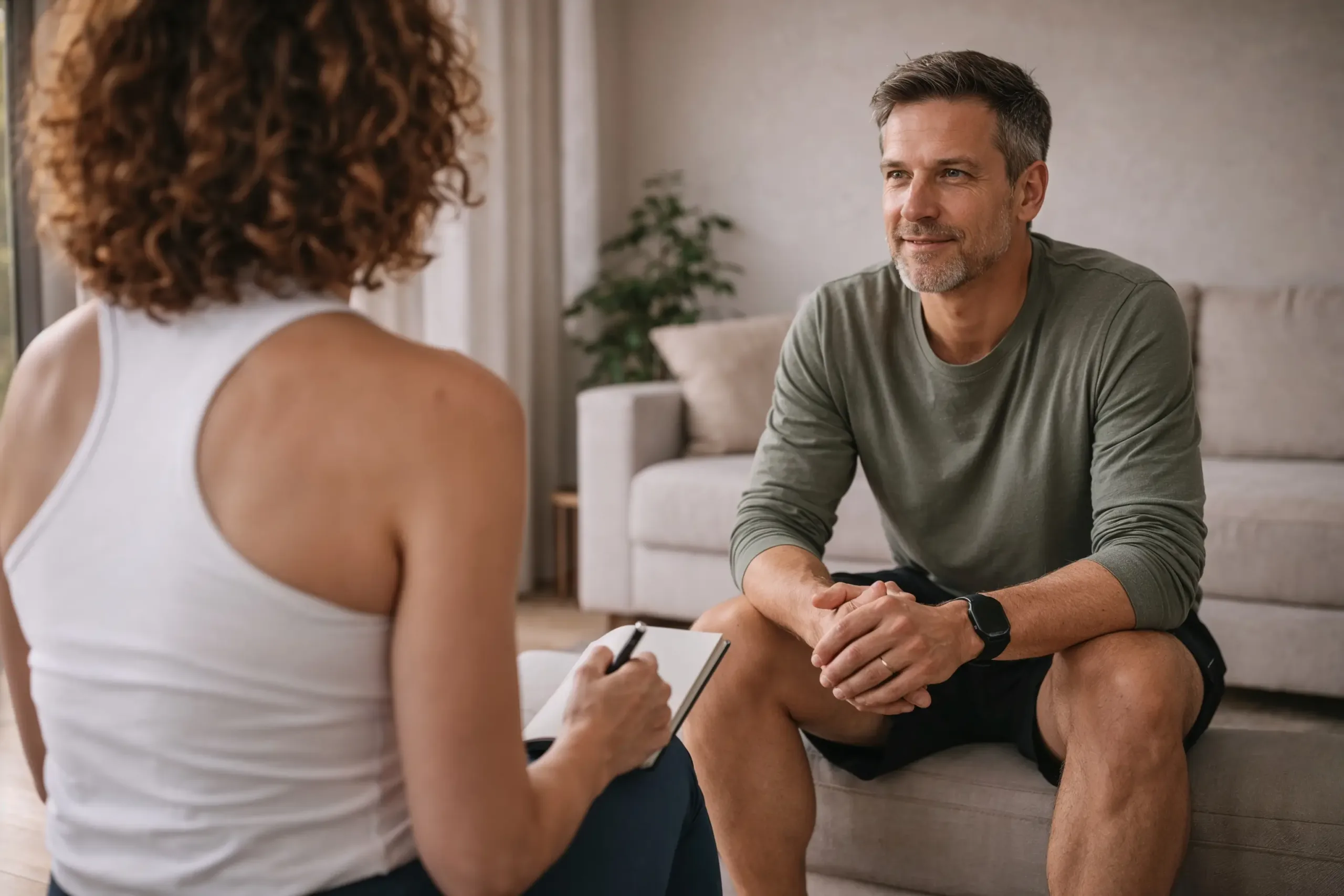 Sina sitzt im persönlichen Gespräch mit Mann mittleren Alters während Coaching-Session