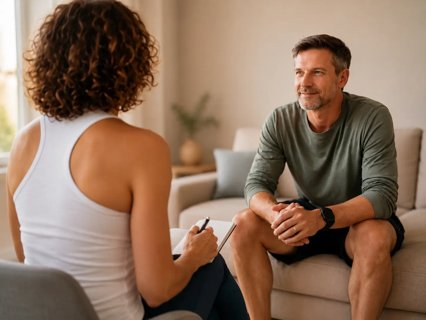 Begleitung Sina sitzt im persönlichen Gespräch mit Mann mittleren Alters während Coaching-Session