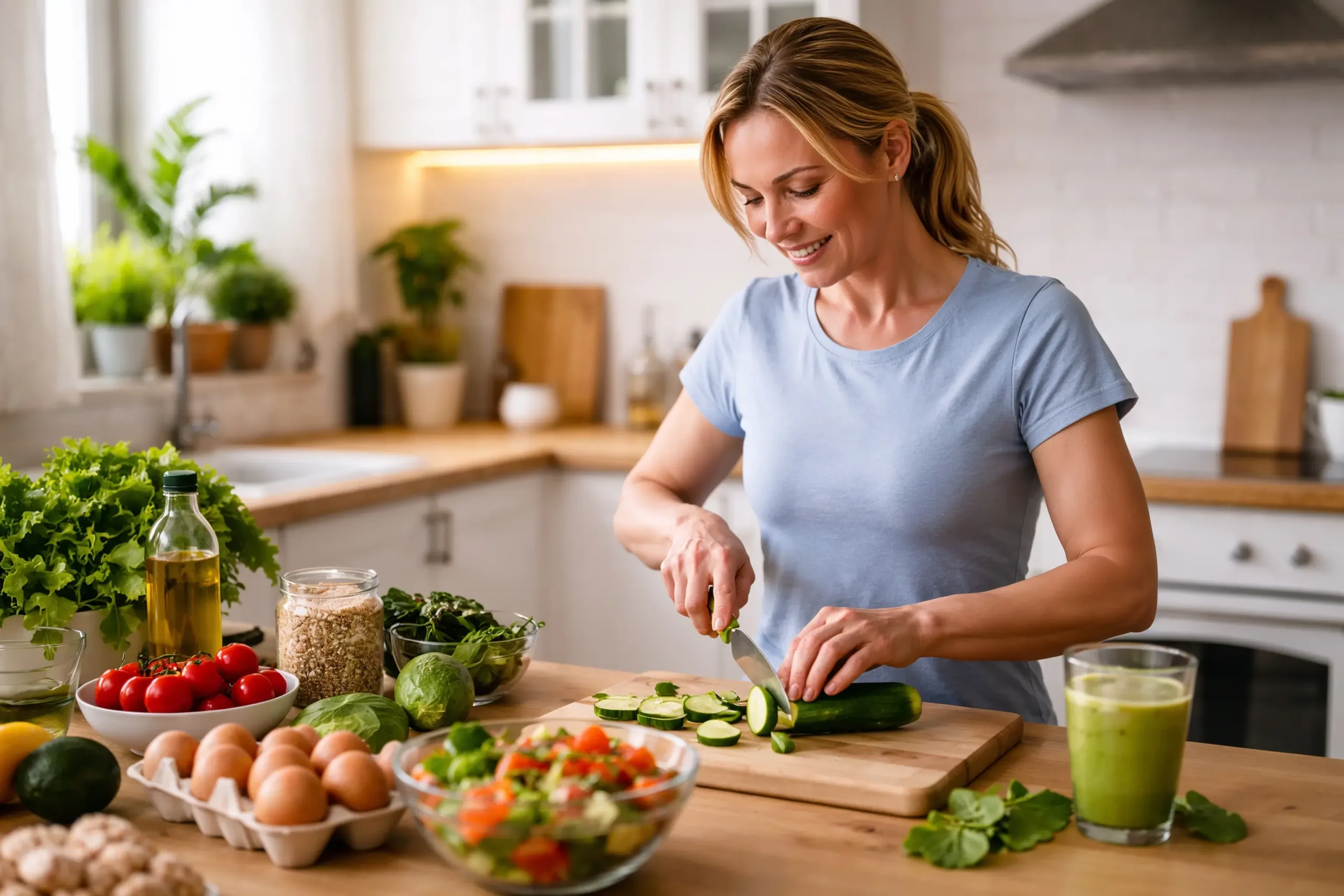 Eine Frau mittleren Alters bereitet in einer hellen Küche eine gesunde Mahlzeit zu. Die Szene steht für alltagstaugliche Ernährung und nachhaltige Gesundheitsgewohnheiten. Sie zeigt, wie kleine Veränderungen im Alltag langfristig zu mehr Energie, Wohlbefinden und Fitness beitragen können.