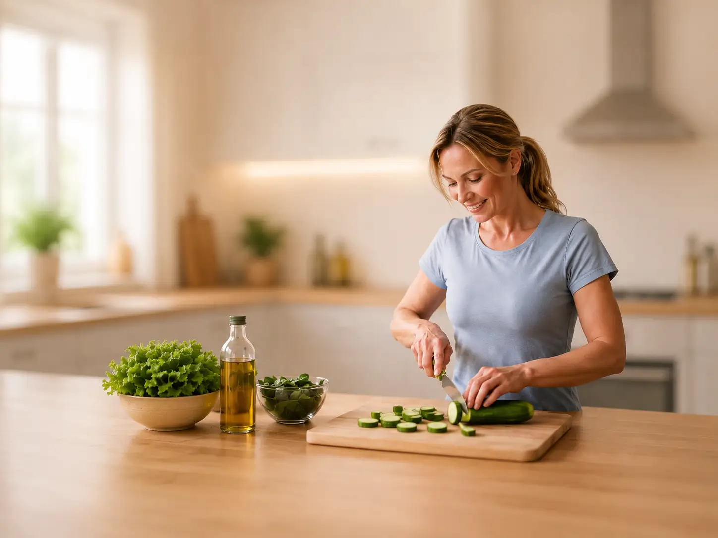 Ernährung Eine Frau mittleren Alters bereitet in einer hellen Küche eine gesunde Mahlzeit zu. Die Szene steht für alltagstaugliche Ernährung und nachhaltige Gesundheitsgewohnheiten. Sie zeigt, wie kleine Veränderungen im Alltag langfristig zu mehr Energie, Wohlbefinden und Fitness beitragen können.