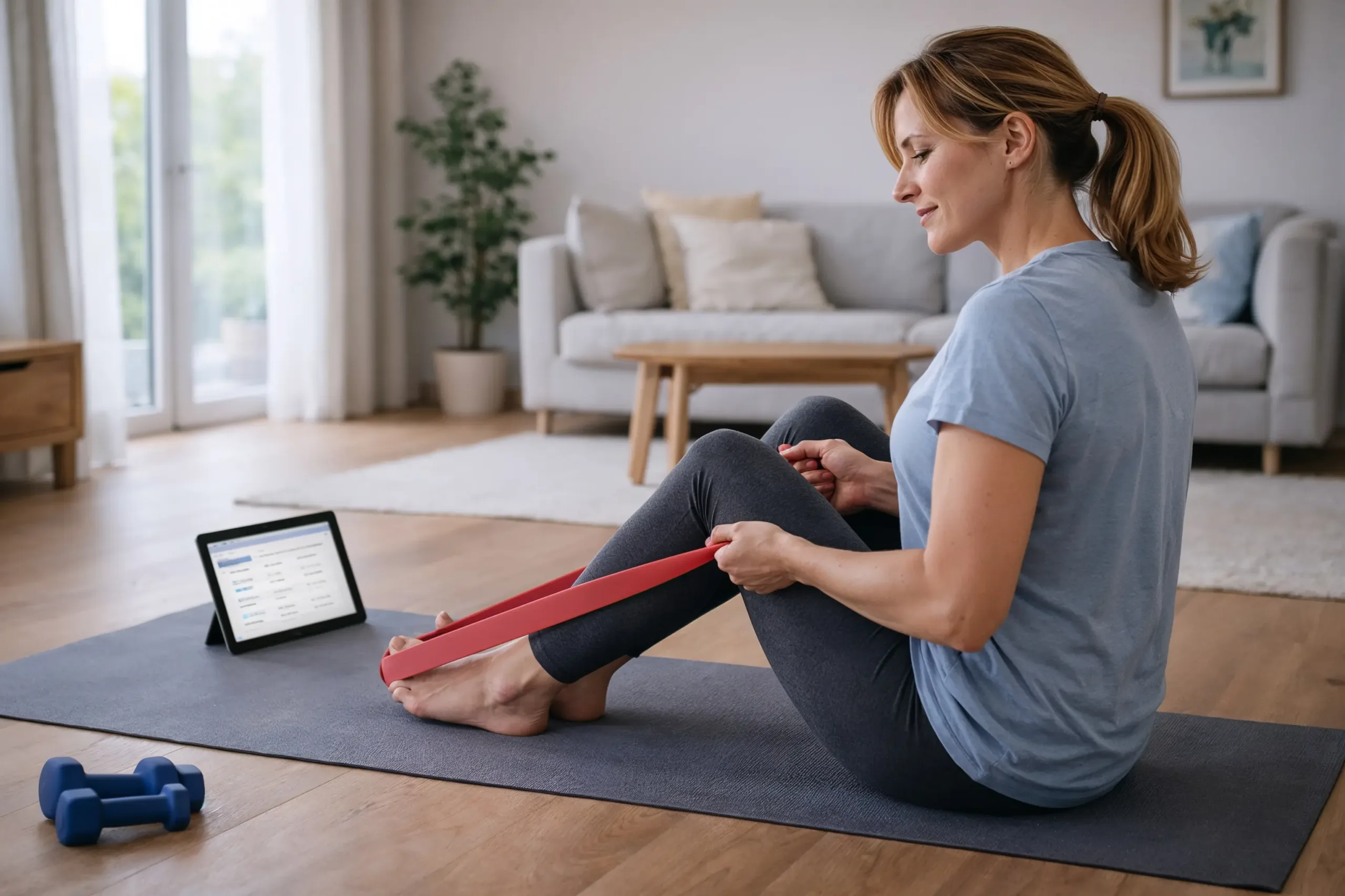 Frau mittleren Alters trainiert zuhause mit Widerstandsband auf Yogamatte und folgt einem Trainingsplan auf Tablet