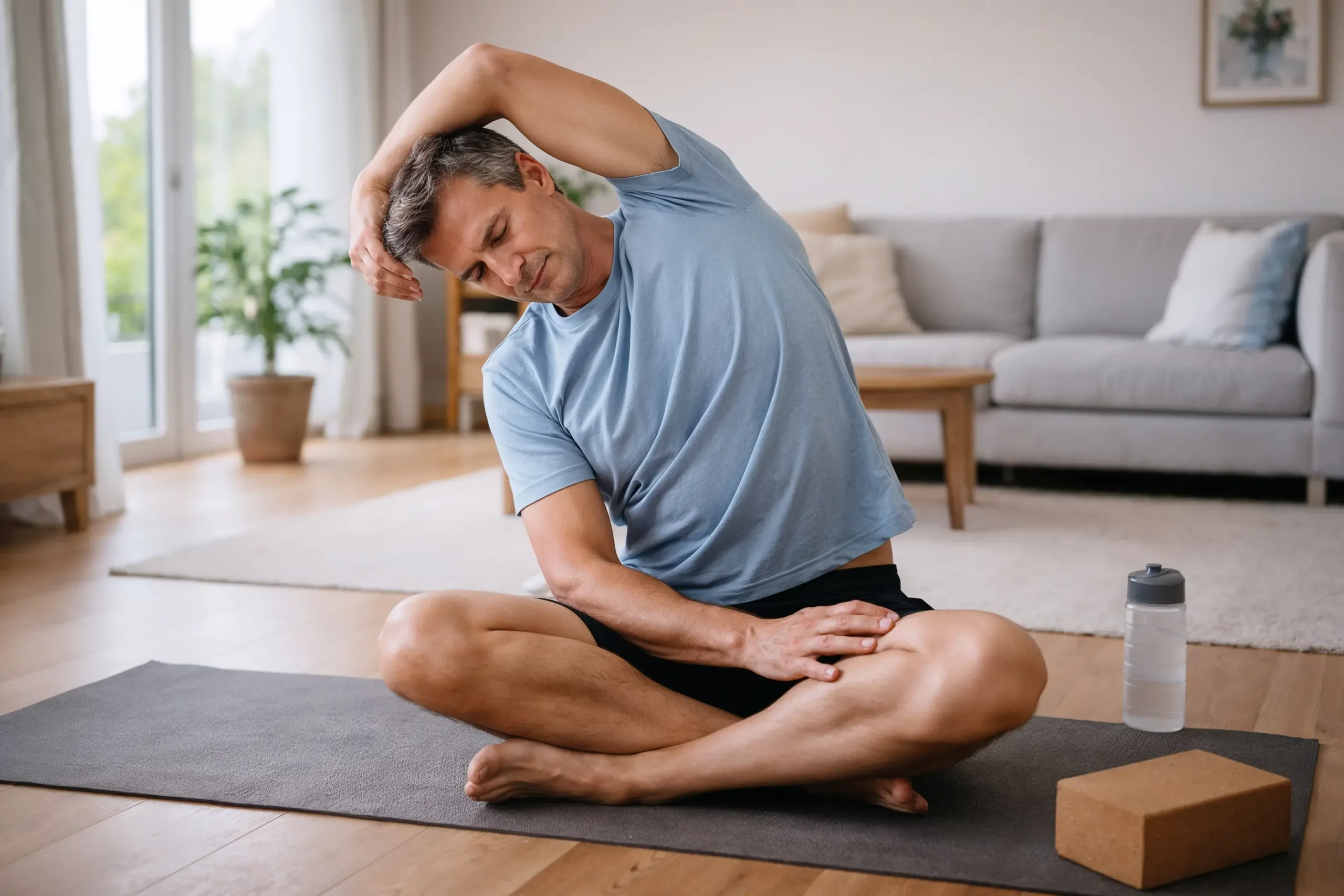 Mann mittleren Alters macht ruhige Mobility-Übung auf Yogamatte im Wohnzimmer