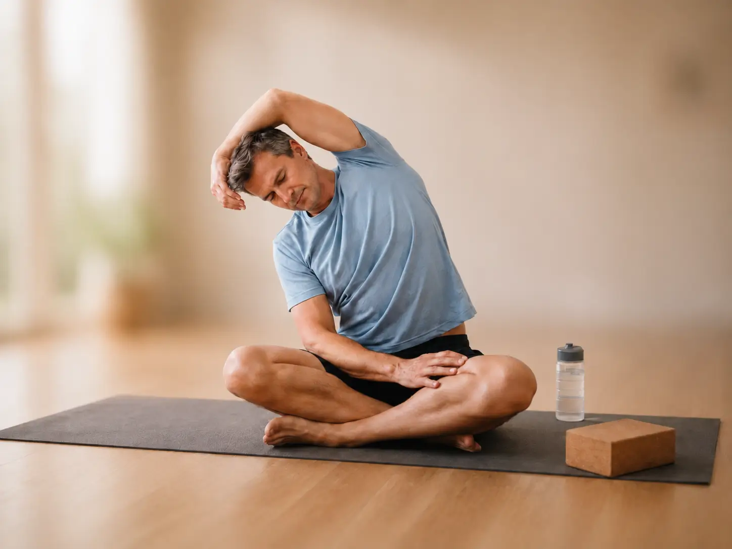 Mobility Mann mittleren Alters macht ruhige Mobility-Übung auf Yogamatte im Wohnzimmer