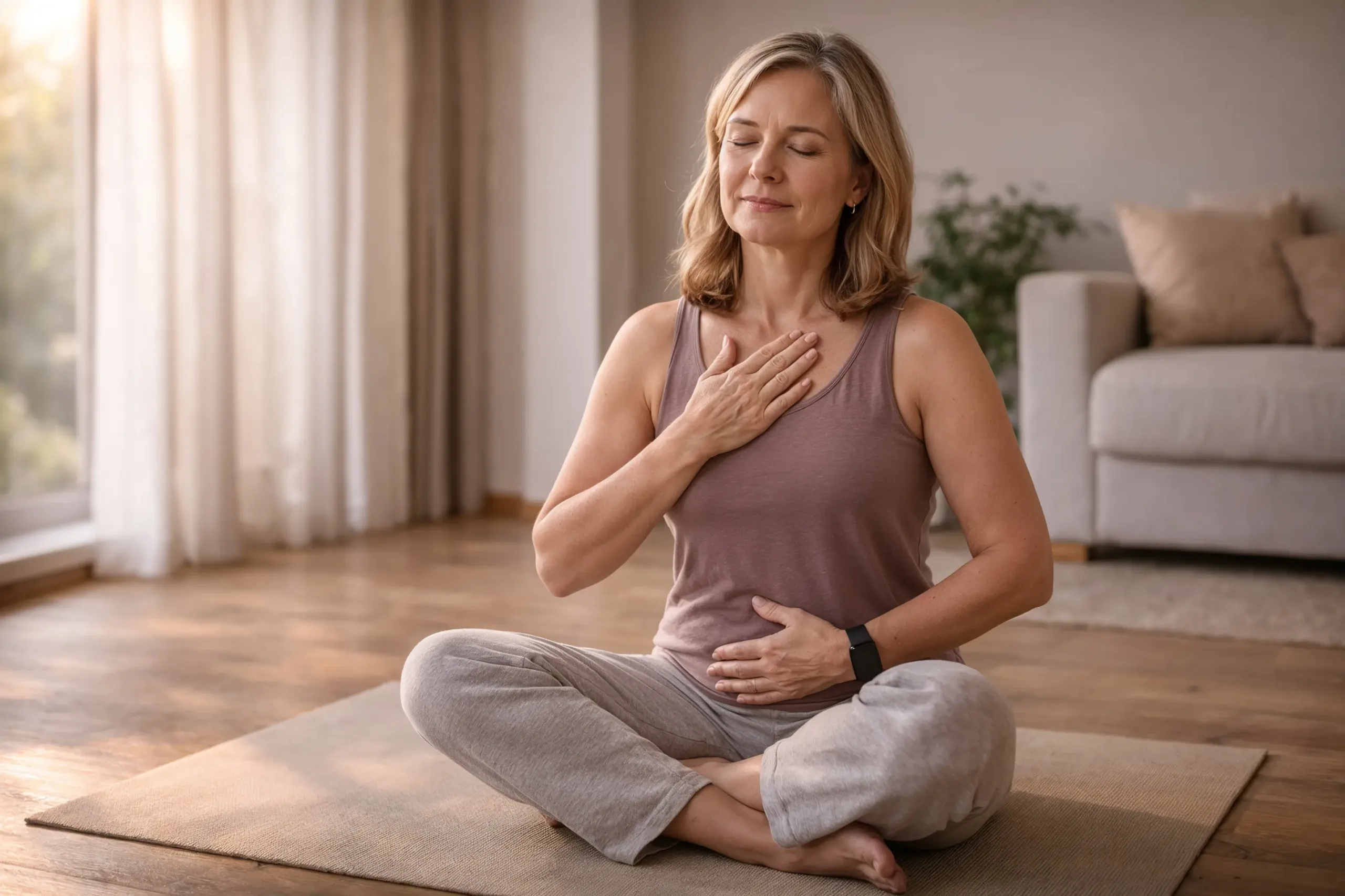 Frau mittleren Alters sitzt entspannt auf Yogamatte und macht ruhige Atemübung im Wohnzimmer
