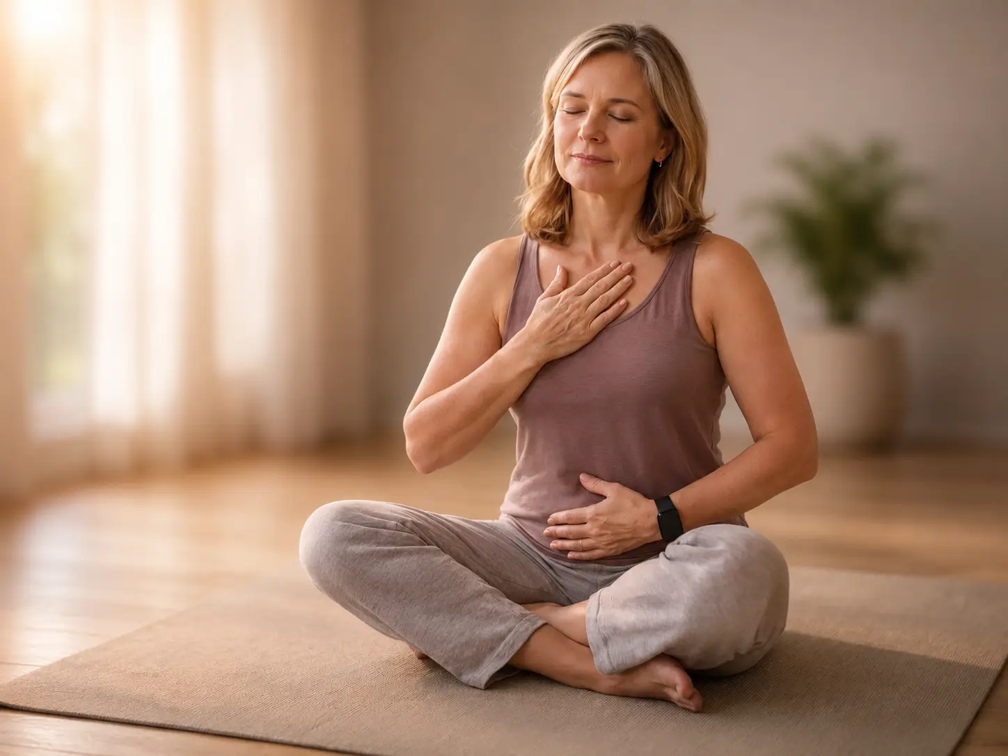Regeneration Frau mittleren Alters sitzt entspannt auf Yogamatte und macht ruhige Atemübung im Wohnzimmer