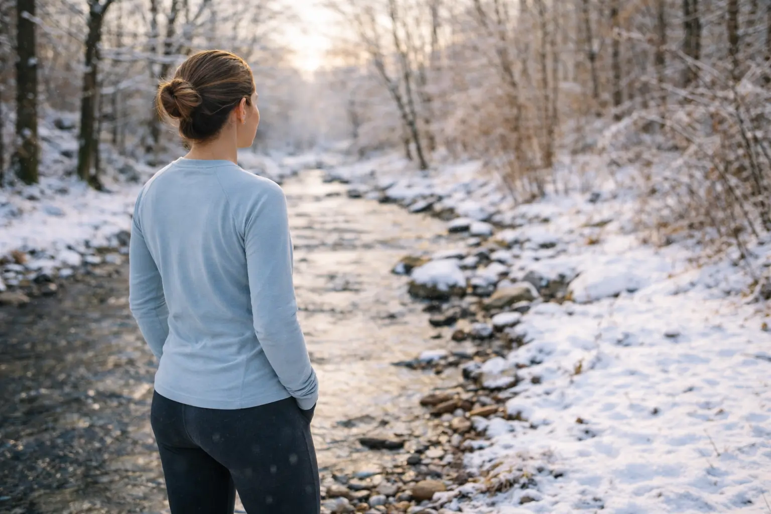 Frau in Sportkleidung macht an einem winterlichen Bach Halt – ruhiger Moment für mentale Stärke und bewusste Stressregulation.