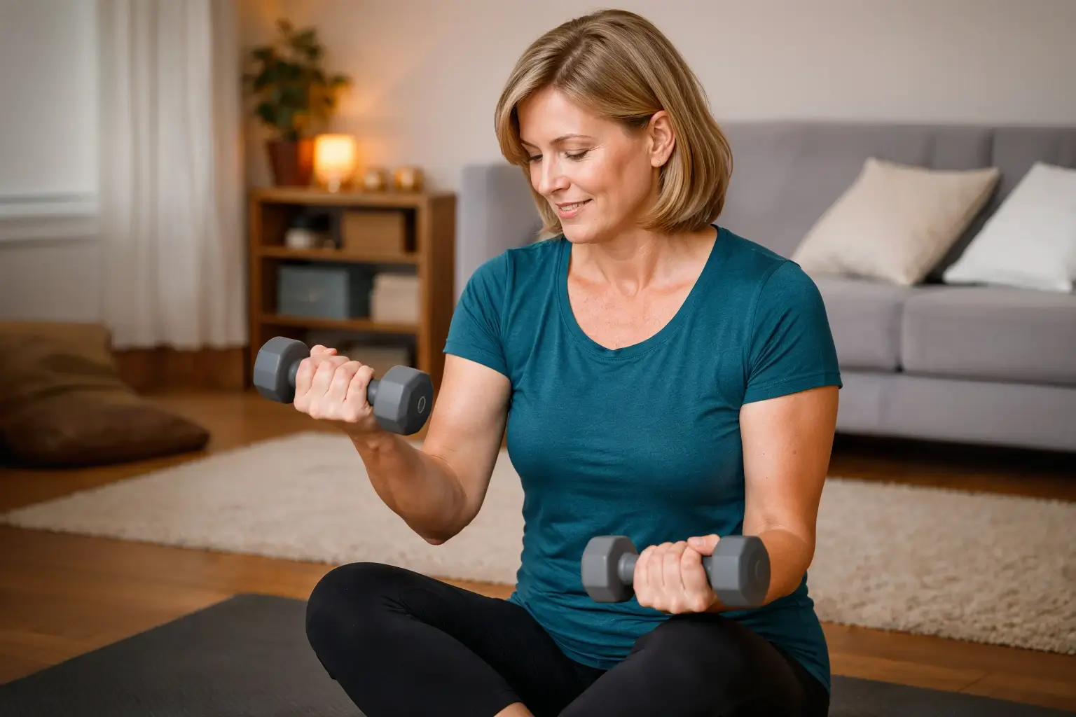 Frau mittleren Alters trainiert mit Kurzhanteln im Wohnzimmer bei einem ruhigen Home-Workout