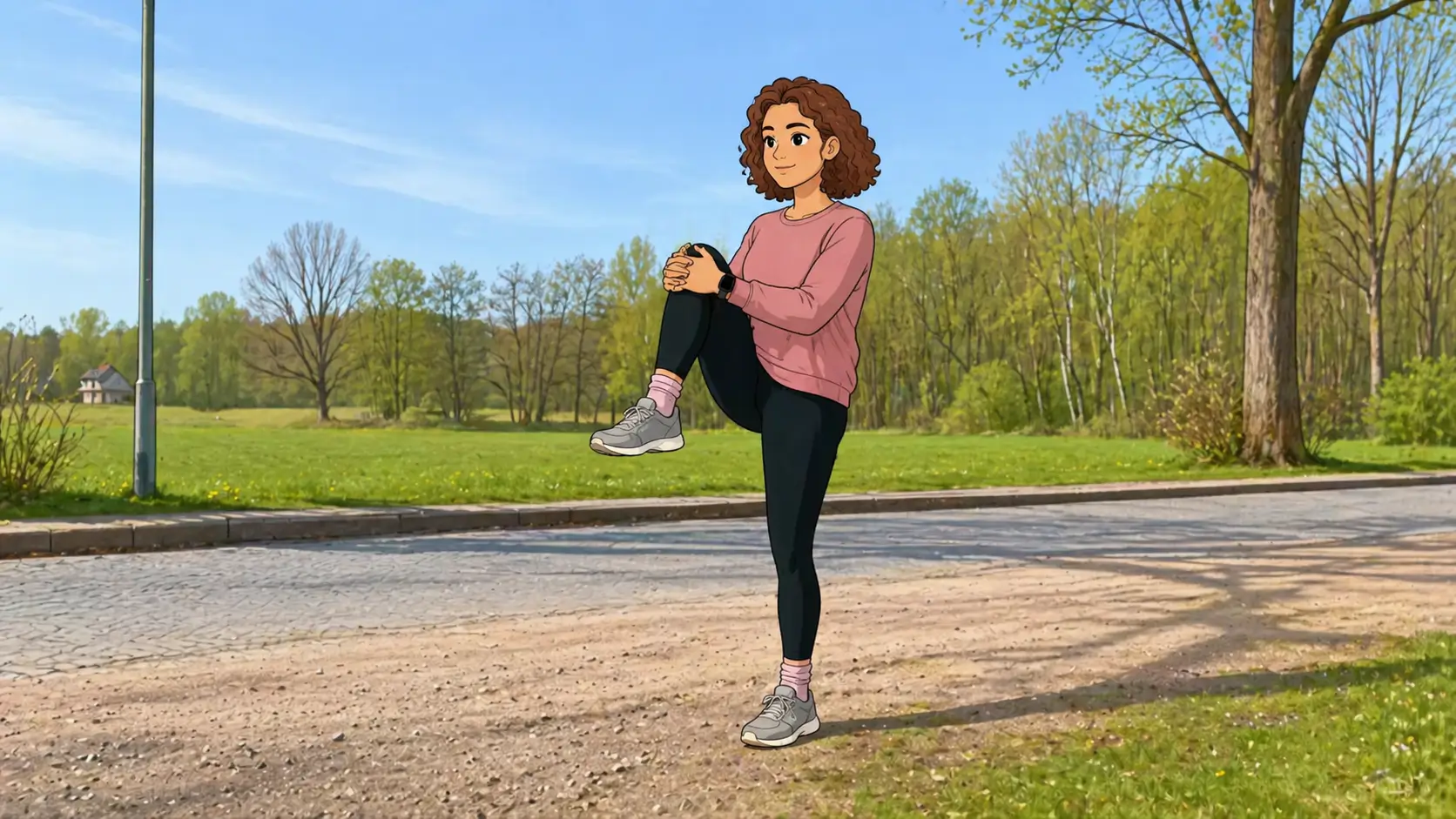 Sina macht eine Knie-zur-Brust-Übung als Warm-up vor dem Laufen im Freien.